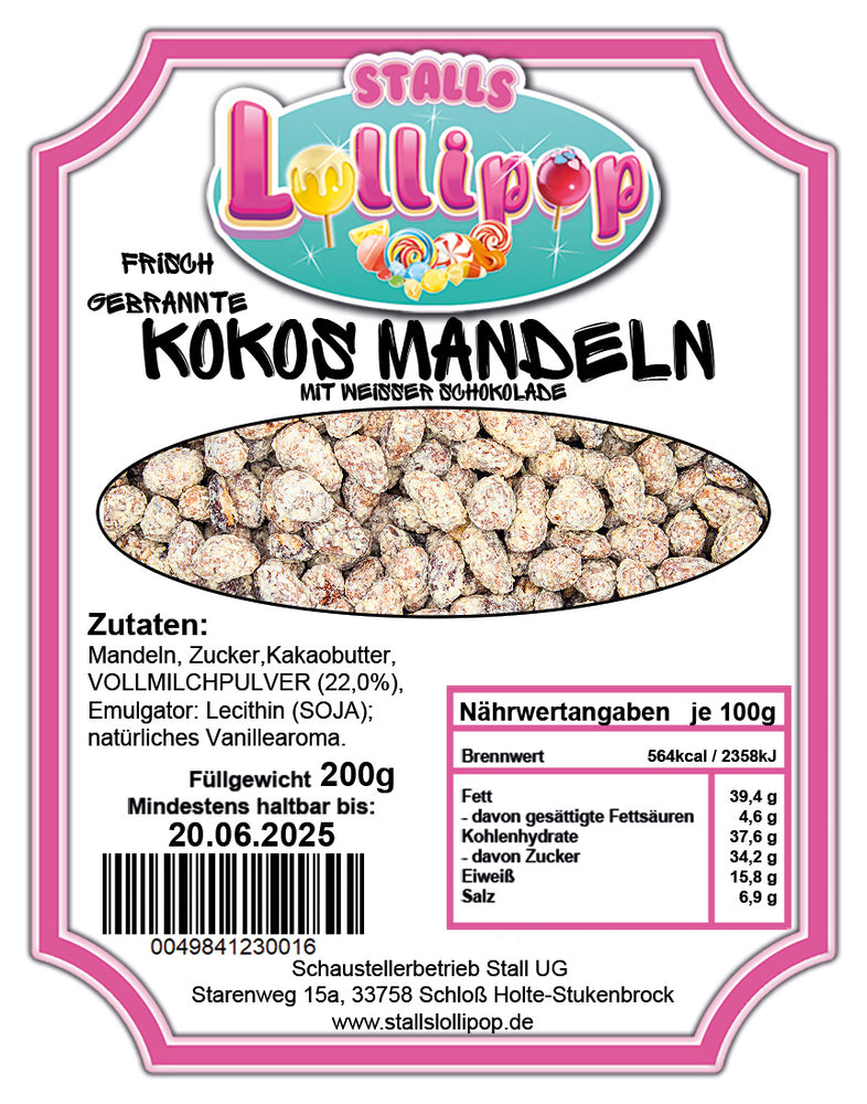 Frisch gebrannte Kokos Mandeln mit weißer Schokolade 200g